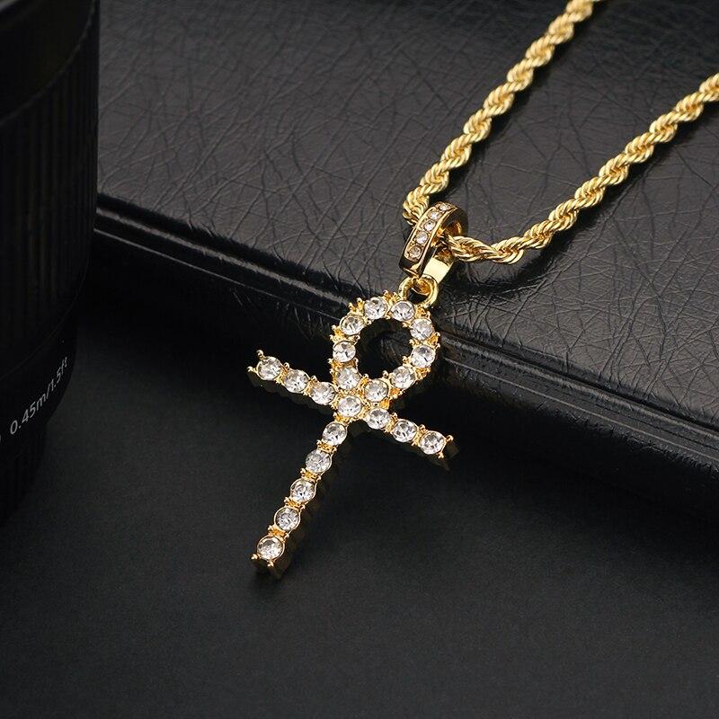 Thin Metallic Ankh Cross Pendant with Iced Rhinestones Necklace-Necklaces-Innovato Design-Gold-30inch-Innovato Design