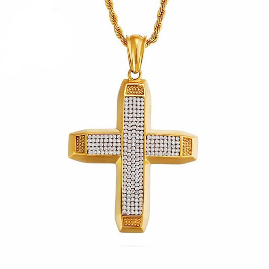 Thick Gold-plated Ethiopian Cross with Cubic Zirconia Pendant Necklace-Necklaces-Innovato Design-20"-Innovato Design