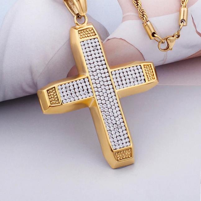 Thick Gold-plated Ethiopian Cross with Cubic Zirconia Pendant Necklace-Necklaces-Innovato Design-20"-Innovato Design