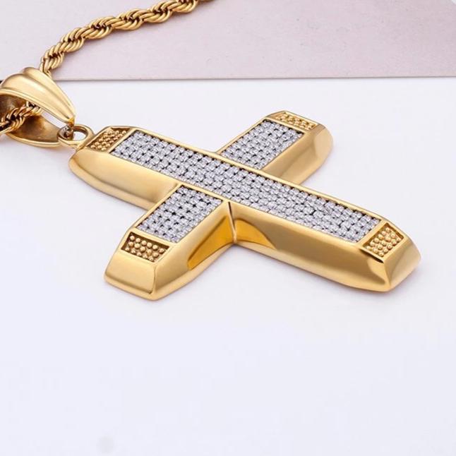 Thick Gold-plated Ethiopian Cross with Cubic Zirconia Pendant Necklace-Necklaces-Innovato Design-20"-Innovato Design