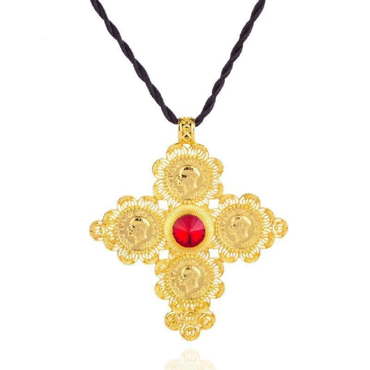 Golden Ethiopian Cross Coin Pendant with Large Crystal Center and Rope Necklace-Necklaces-Innovato Design-Blue-Innovato Design