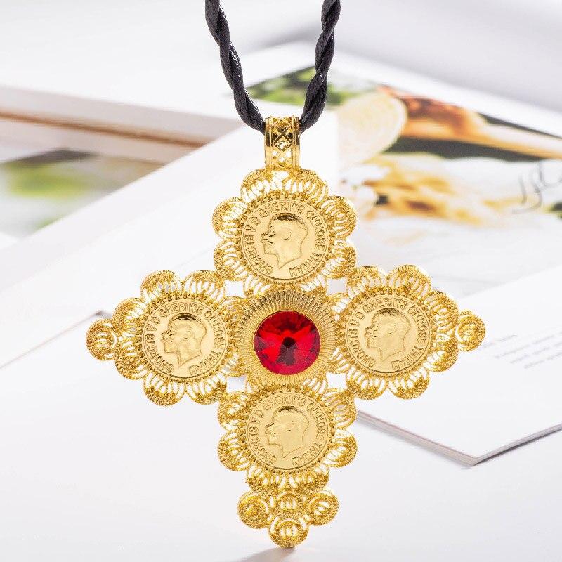 Golden Ethiopian Cross Coin Pendant with Large Crystal Center and Rope Necklace-Necklaces-Innovato Design-Blue-Innovato Design