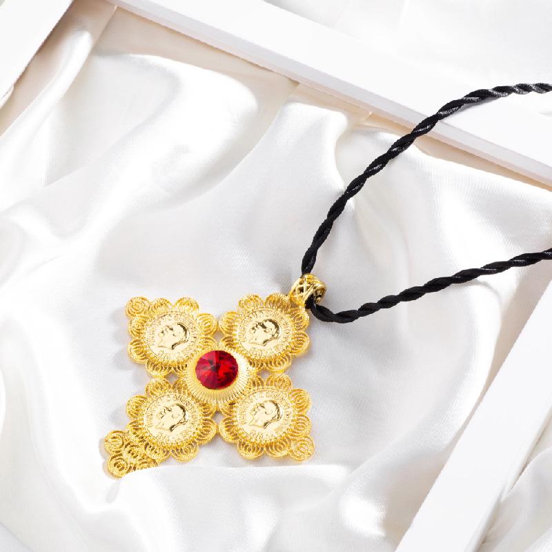 Golden Ethiopian Cross Coin Pendant with Large Crystal Center and Rope Necklace-Necklaces-Innovato Design-Blue-Innovato Design