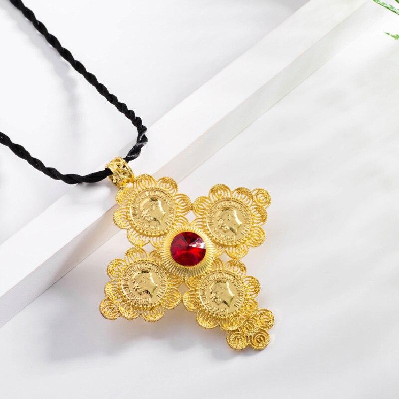 Golden Ethiopian Cross Coin Pendant with Large Crystal Center and Rope Necklace-Necklaces-Innovato Design-Blue-Innovato Design