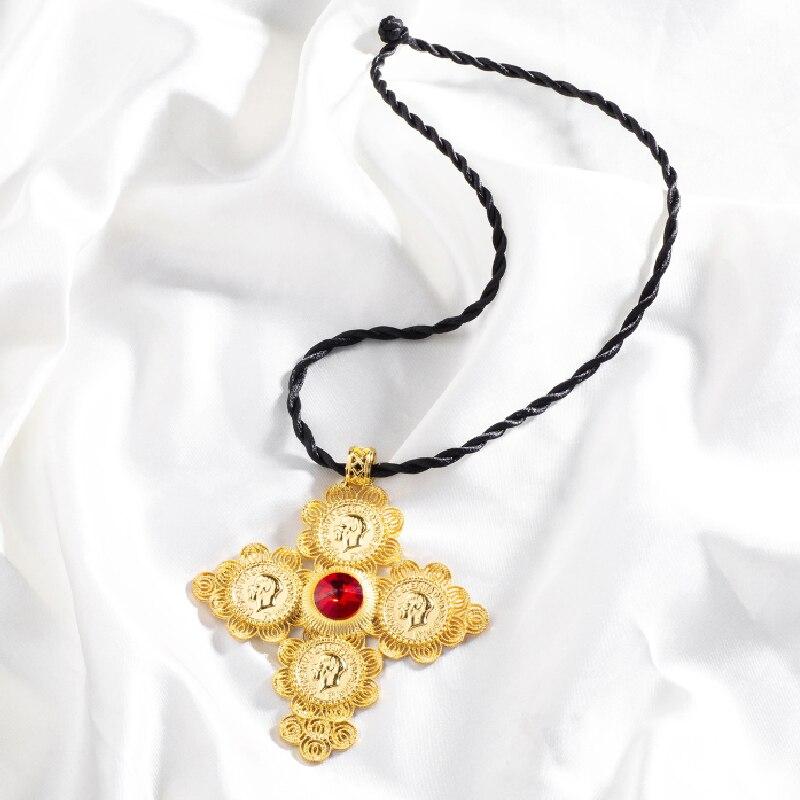 Golden Ethiopian Cross Coin Pendant with Large Crystal Center and Rope Necklace-Necklaces-Innovato Design-Blue-Innovato Design