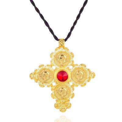 Golden Ethiopian Cross Coin Pendant with Large Crystal Center and Rope Necklace-Necklaces-Innovato Design-Red-Innovato Design