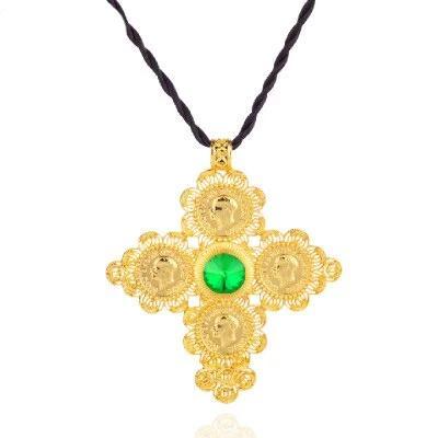 Golden Ethiopian Cross Coin Pendant with Large Crystal Center and Rope Necklace-Necklaces-Innovato Design-Green-Innovato Design