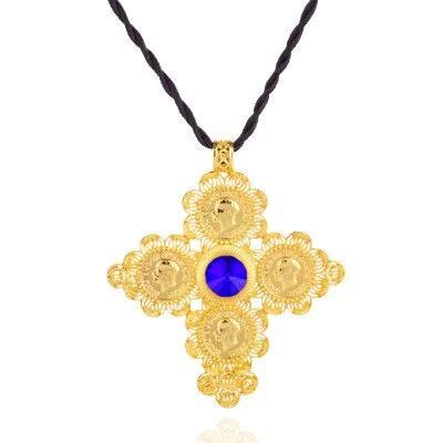 Golden Ethiopian Cross Coin Pendant with Large Crystal Center and Rope Necklace-Necklaces-Innovato Design-Blue-Innovato Design