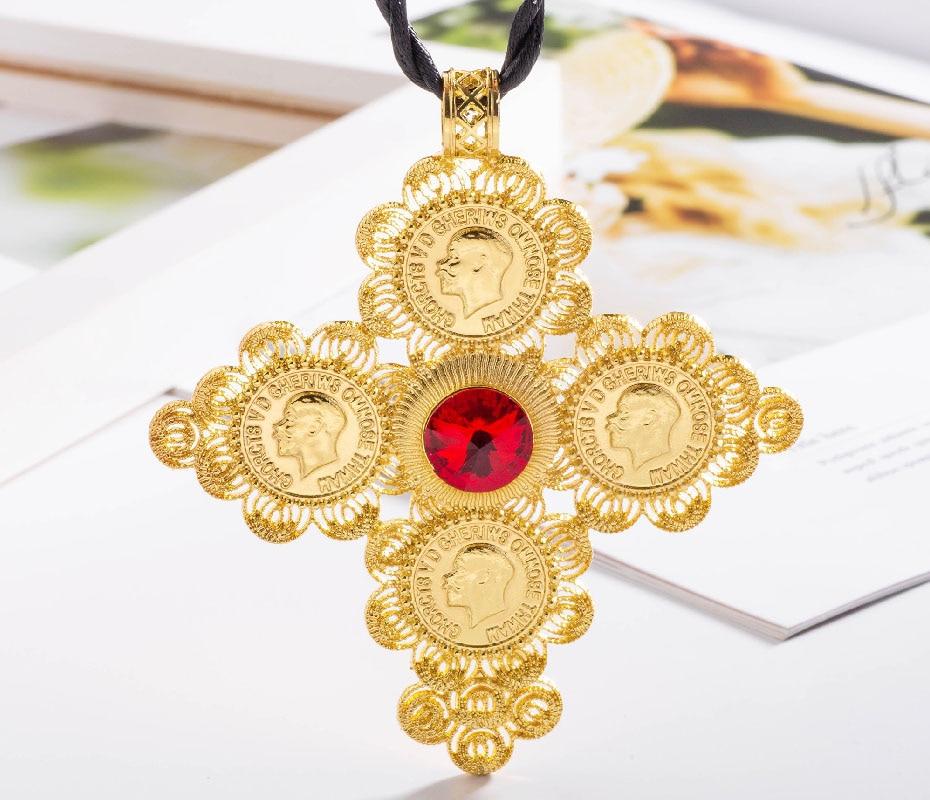 Golden Ethiopian Cross Coin Pendant with Large Crystal Center and Rope Necklace-Necklaces-Innovato Design-Blue-Innovato Design