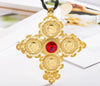Golden Ethiopian Cross Coin Pendant with Large Crystal Center and Rope Necklace - InnovatoDesign