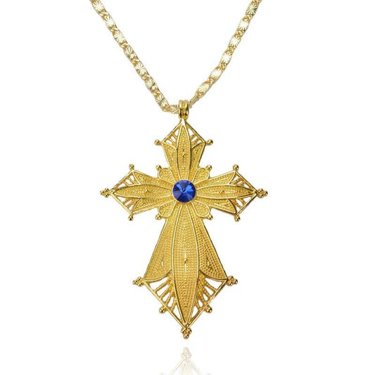 Golden Habesha Ethiopian Cross Pendant with Blue Stone Center-Necklaces-Innovato Design-Innovato Design
