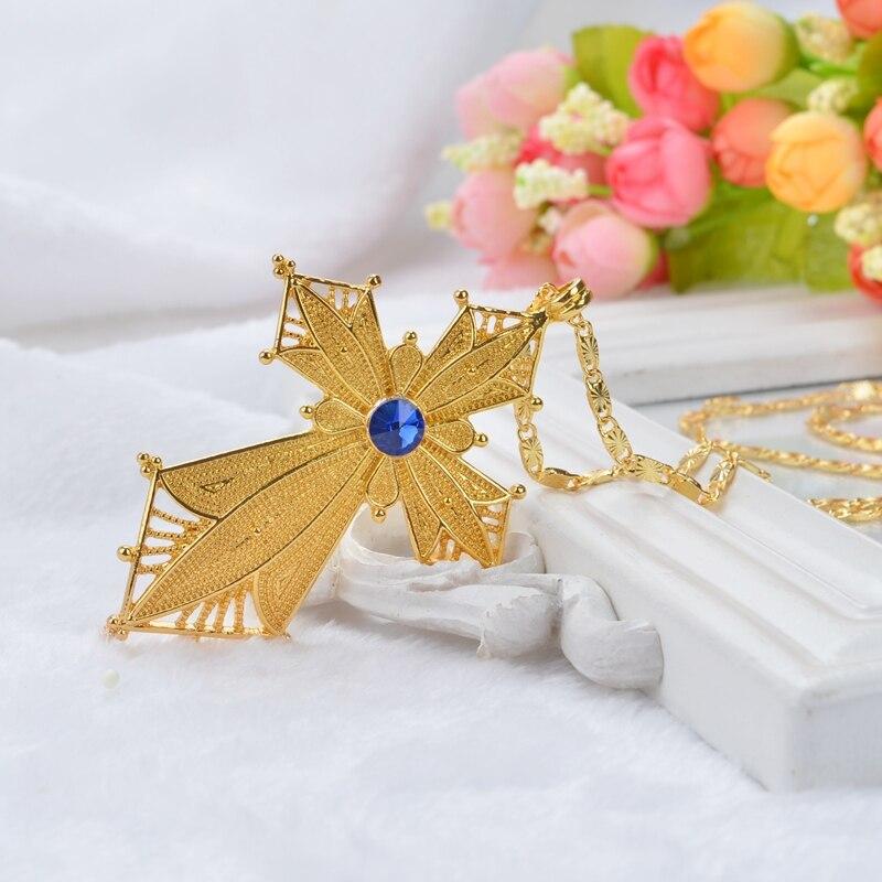 Golden Habesha Ethiopian Cross Pendant with Blue Stone Center-Necklaces-Innovato Design-Innovato Design