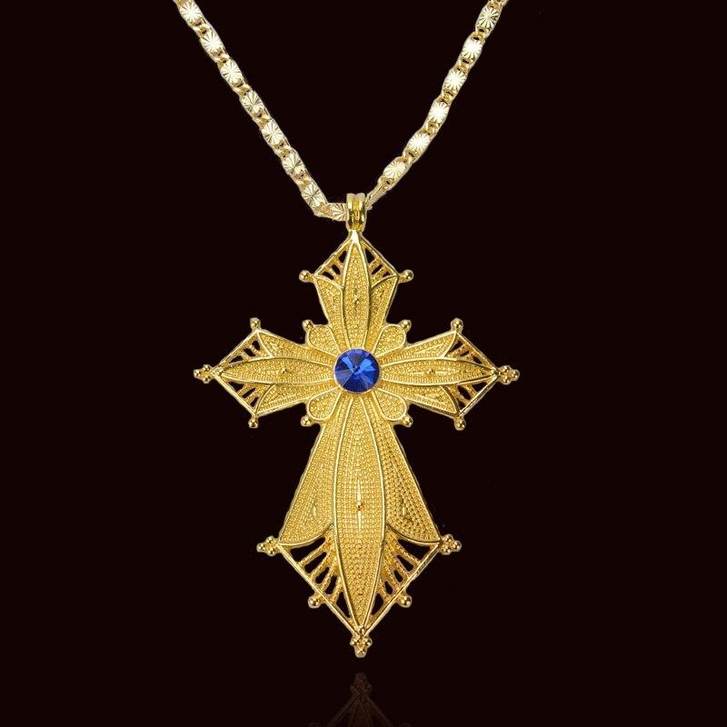 Golden Habesha Ethiopian Cross Pendant with Blue Stone Center-Necklaces-Innovato Design-Innovato Design