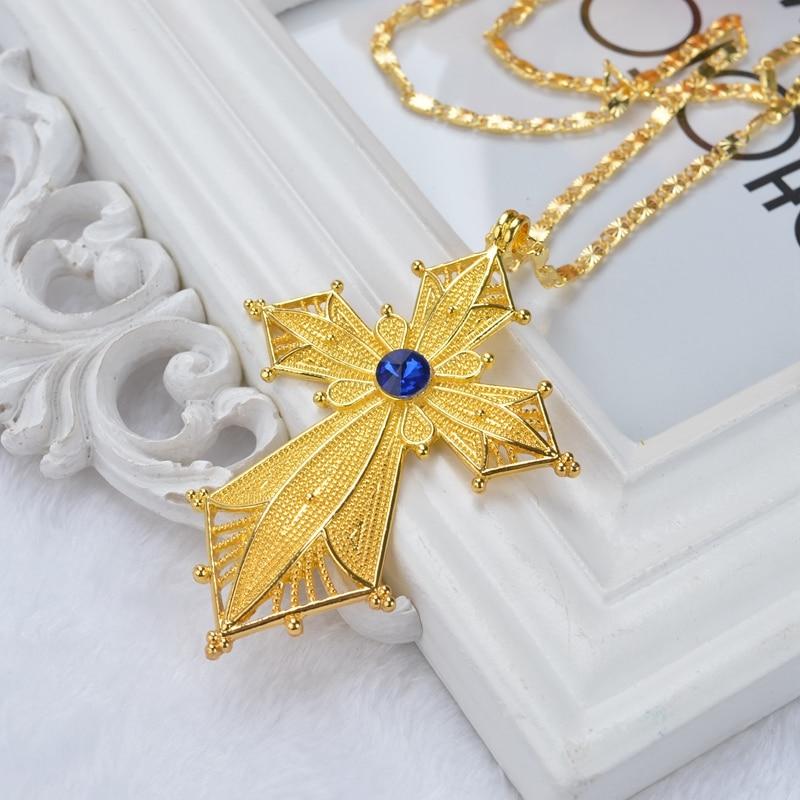 Golden Habesha Ethiopian Cross Pendant with Blue Stone Center-Necklaces-Innovato Design-Innovato Design
