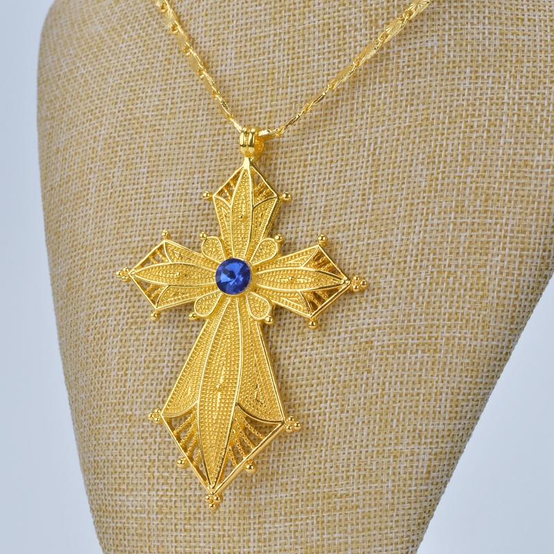 Golden Habesha Ethiopian Cross Pendant with Blue Stone Center-Necklaces-Innovato Design-Innovato Design