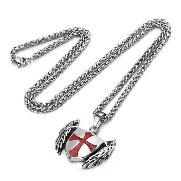 Silver Winged Shield with Red Templars Cross Emblem Pendant Necklace - InnovatoDesign