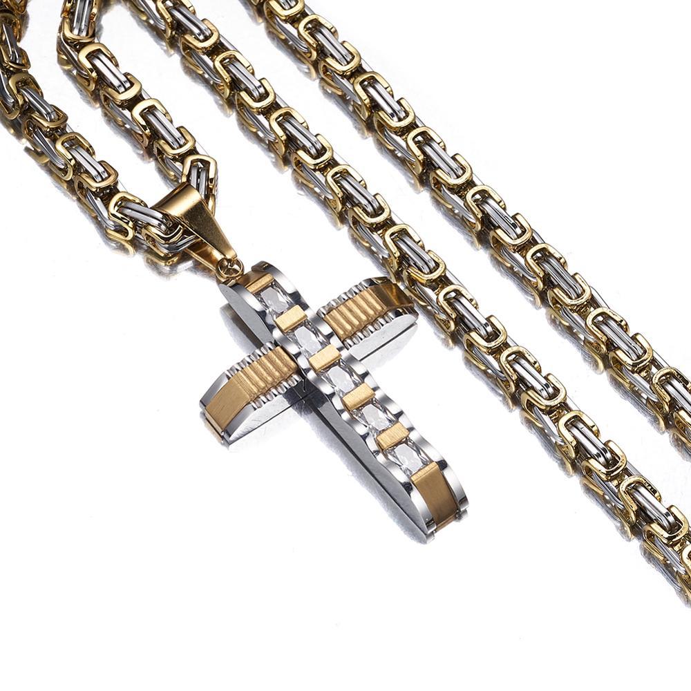 Two-tone Gold and Silver Crucifix Pendant and Byzantine Chain Necklace-Necklaces-Innovato Design-Gold-18-Innovato Design