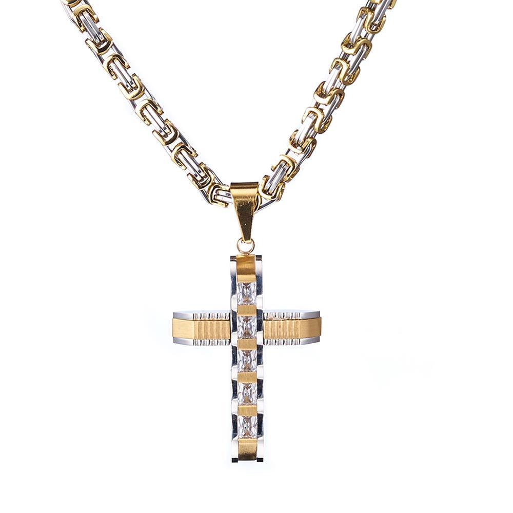 Two-tone Gold and Silver Crucifix Pendant and Byzantine Chain Necklace-Necklaces-Innovato Design-Gold-18-Innovato Design