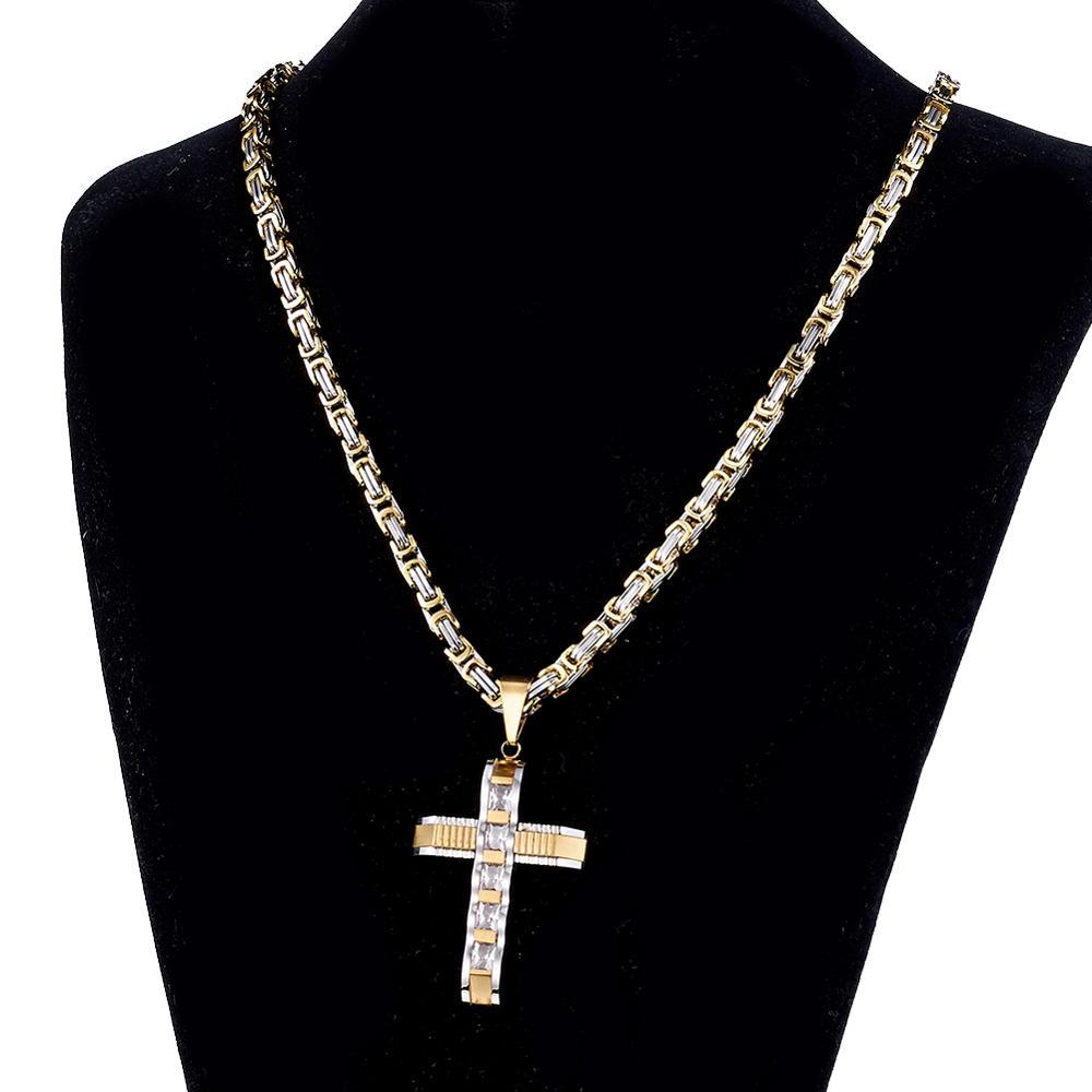 Two-tone Gold and Silver Crucifix Pendant and Byzantine Chain Necklace-Necklaces-Innovato Design-Gold-18-Innovato Design