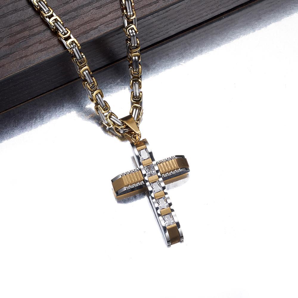 Two-tone Gold and Silver Crucifix Pendant and Byzantine Chain Necklace-Necklaces-Innovato Design-Gold-18-Innovato Design