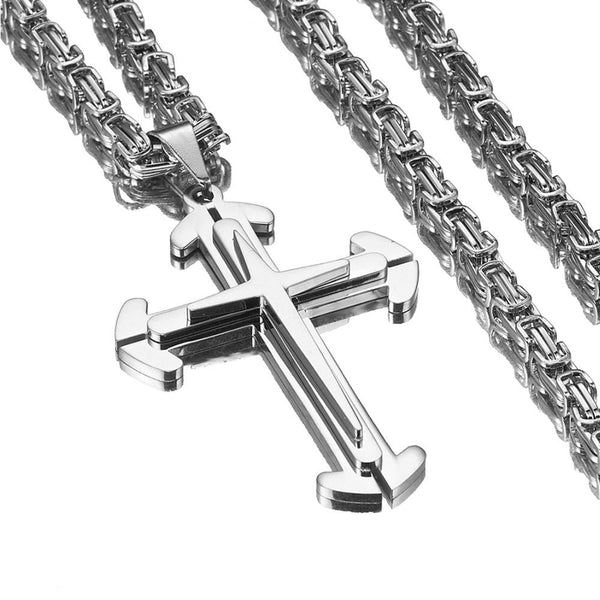Stainless Steel Silver Triple Cross Pendant with Byzantine Chain Necklace - InnovatoDesign