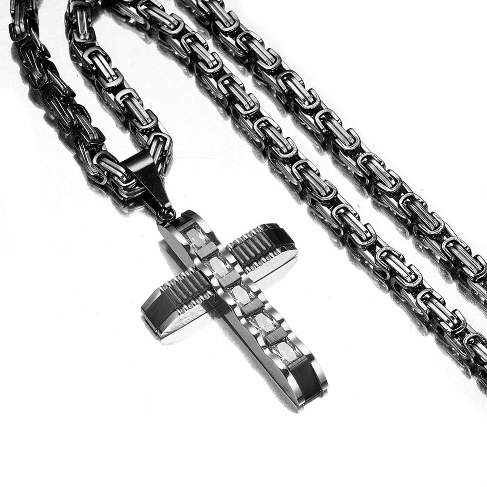 Two-tone Black and Silver Crucifix Pendant and Byzantine Chain Necklace-Necklaces-Innovato Design-18-Innovato Design