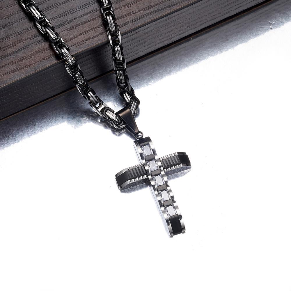 Two-tone Black and Silver Crucifix Pendant and Byzantine Chain Necklace-Necklaces-Innovato Design-18-Innovato Design