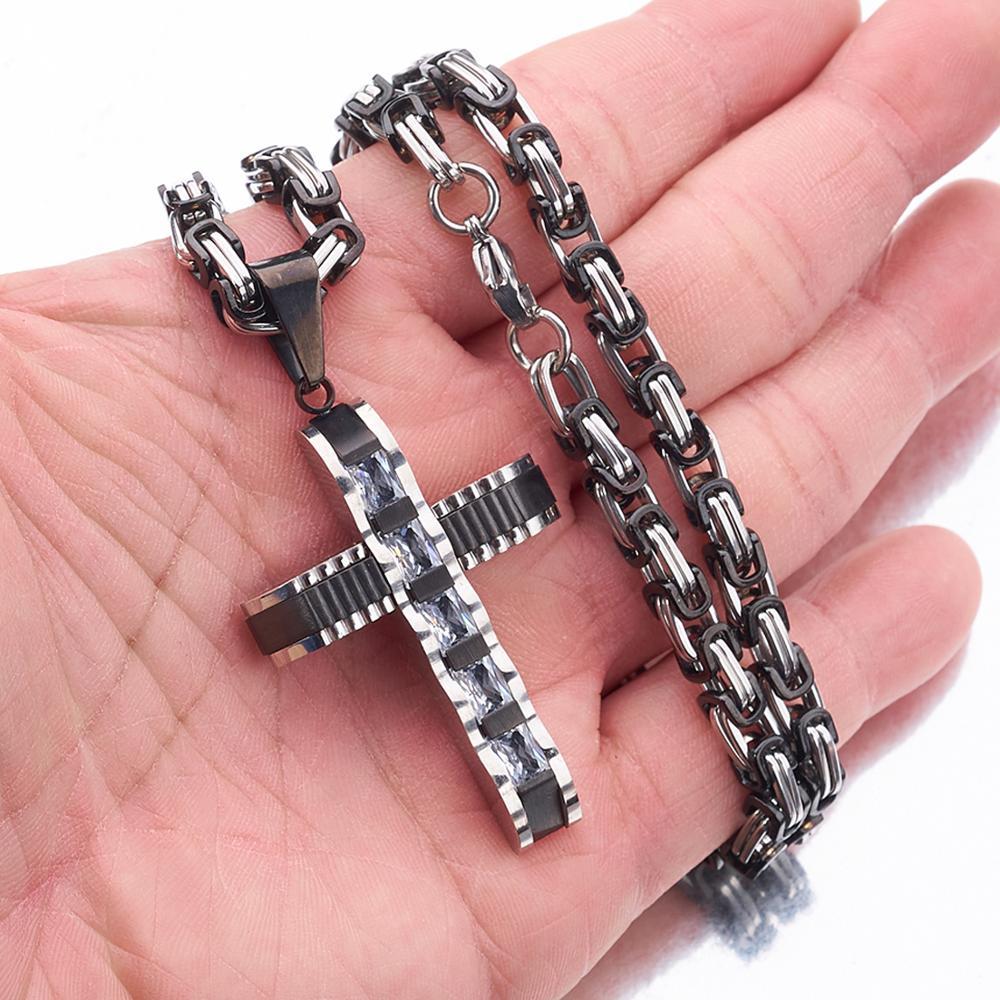 Two-tone Black and Silver Crucifix Pendant and Byzantine Chain Necklace-Necklaces-Innovato Design-18-Innovato Design