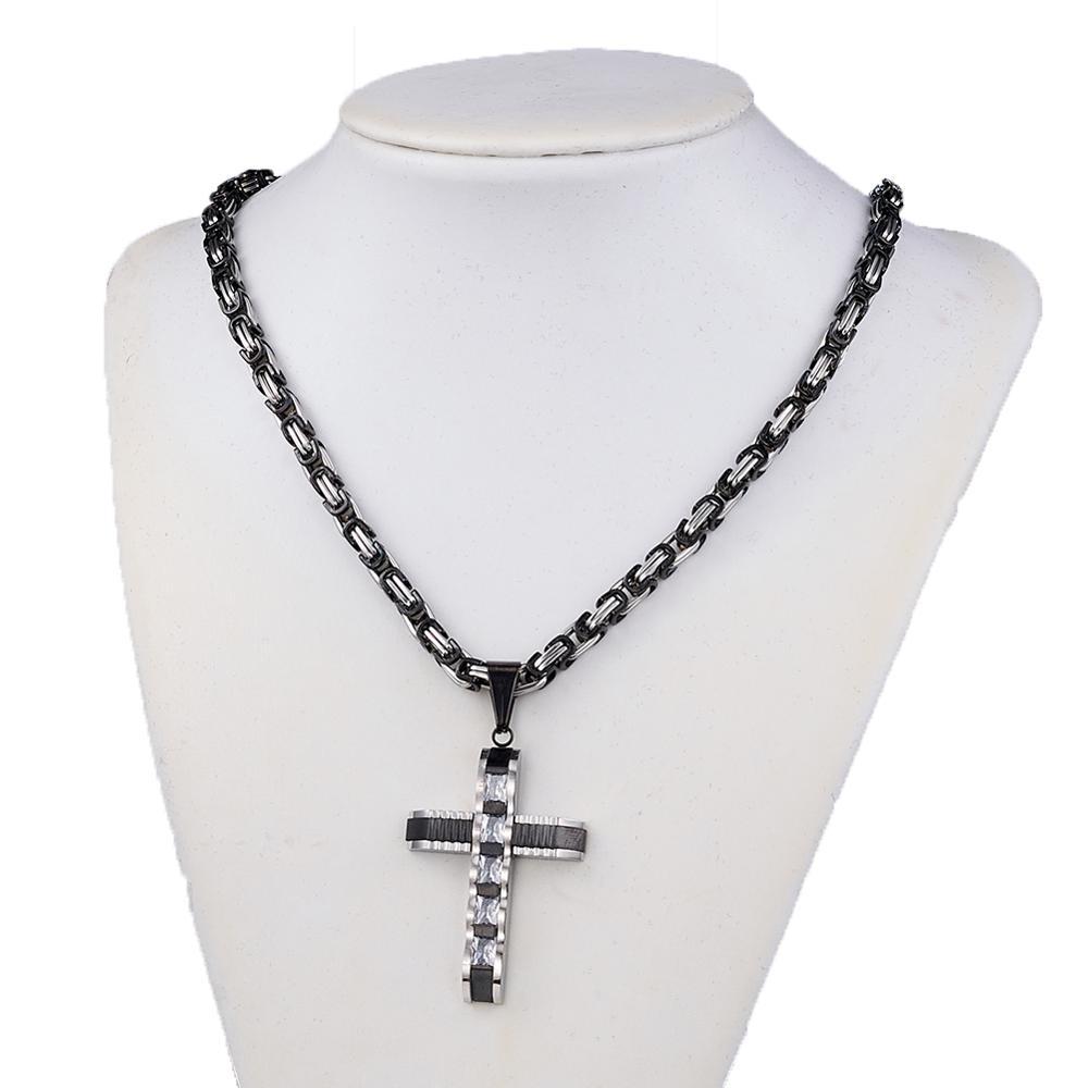 Two-tone Black and Silver Crucifix Pendant and Byzantine Chain Necklace-Necklaces-Innovato Design-18-Innovato Design