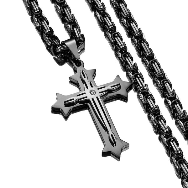 Black 2 Layer Cross Pendant with Byzantine Chain Necklace - InnovatoDesign
