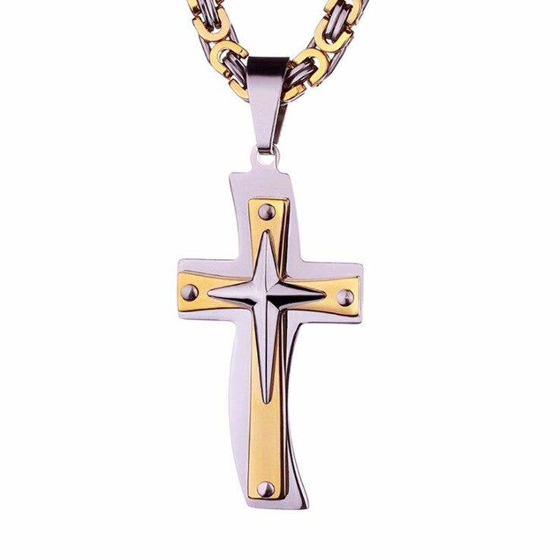 Two-tone Gold and Silver MultiLayer Cross Pendant Byzantine Chain Necklace-Necklaces-Innovato Design-Innovato Design