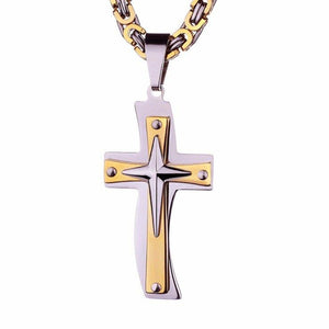 Two-tone Gold and Silver MultiLayer Cross Pendant Byzantine Chain Necklace-Necklaces-Innovato Design-Innovato Design