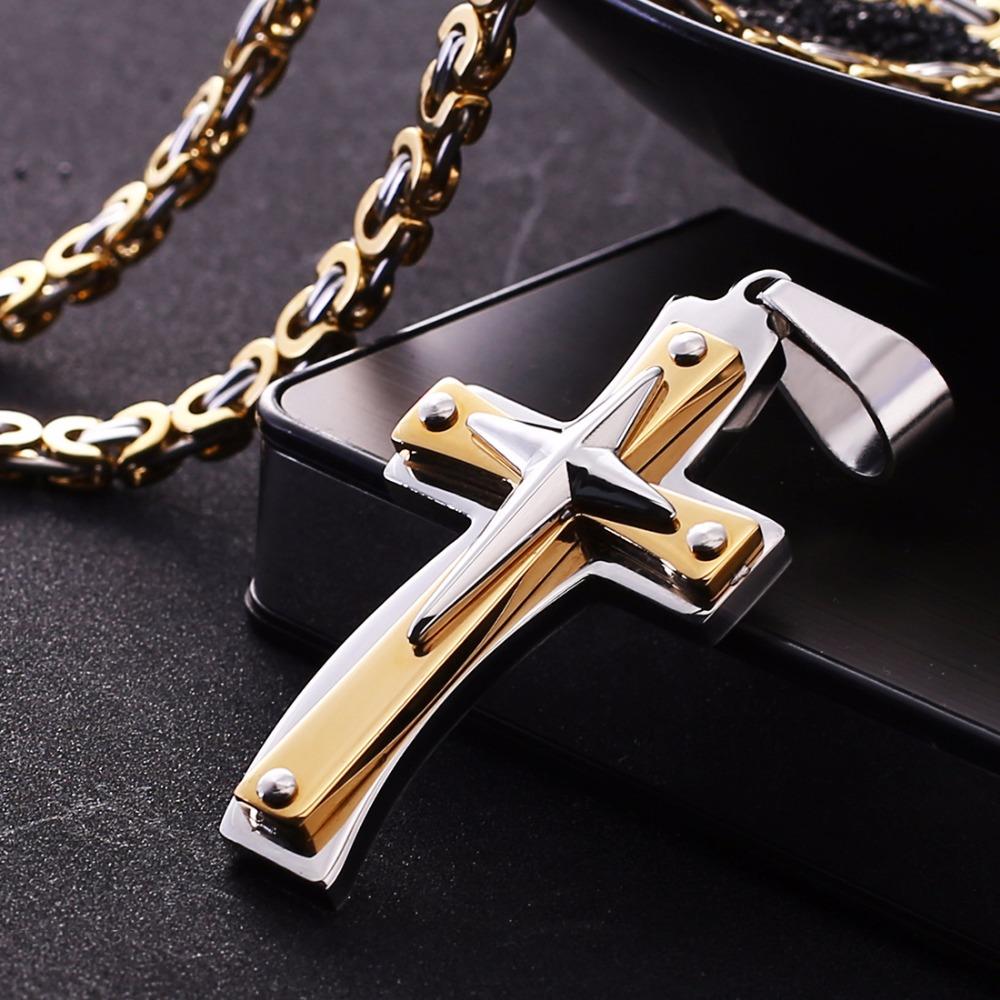 Two-tone Gold and Silver MultiLayer Cross Pendant Byzantine Chain Necklace-Necklaces-Innovato Design-Innovato Design