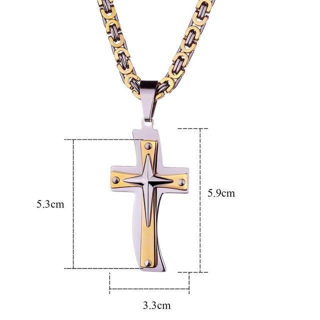 Two-tone Gold and Silver MultiLayer Cross Pendant Byzantine Chain Necklace-Necklaces-Innovato Design-Innovato Design