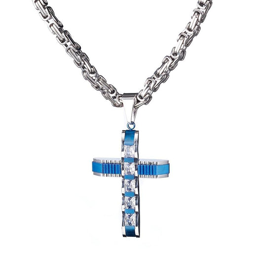 Two-tone Blue and Silver Crucifix Pendant and Byzantine Chain Necklace-Necklaces-Innovato Design-18-Innovato Design