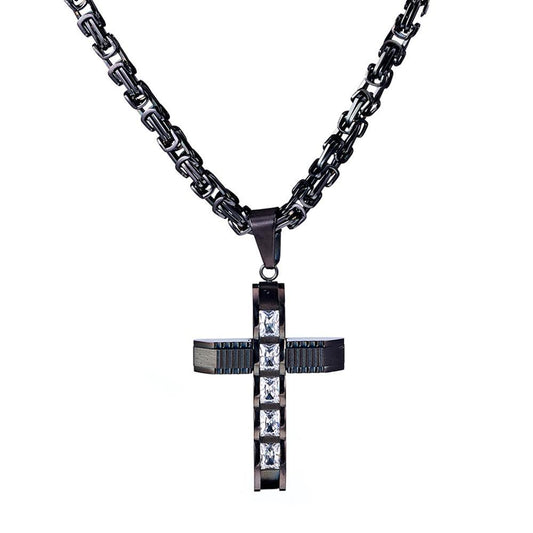 Stainless Steel Black Crucifix Pendant and Byzantine Chain Necklace-Necklaces-Innovato Design-18-Innovato Design