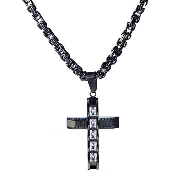 Stainless Steel Black Crucifix Pendant and Byzantine Chain Necklace - InnovatoDesign
