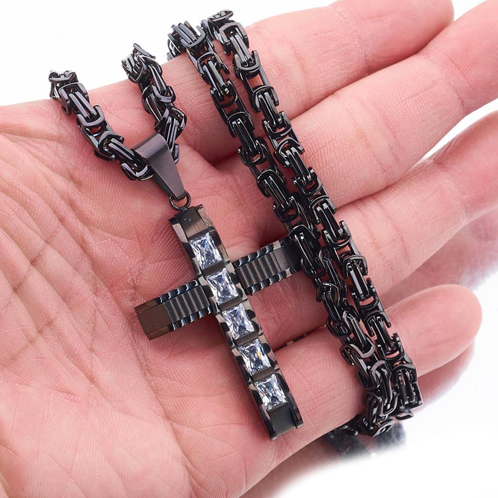 Stainless Steel Black Crucifix Pendant and Byzantine Chain Necklace-Necklaces-Innovato Design-18-Innovato Design