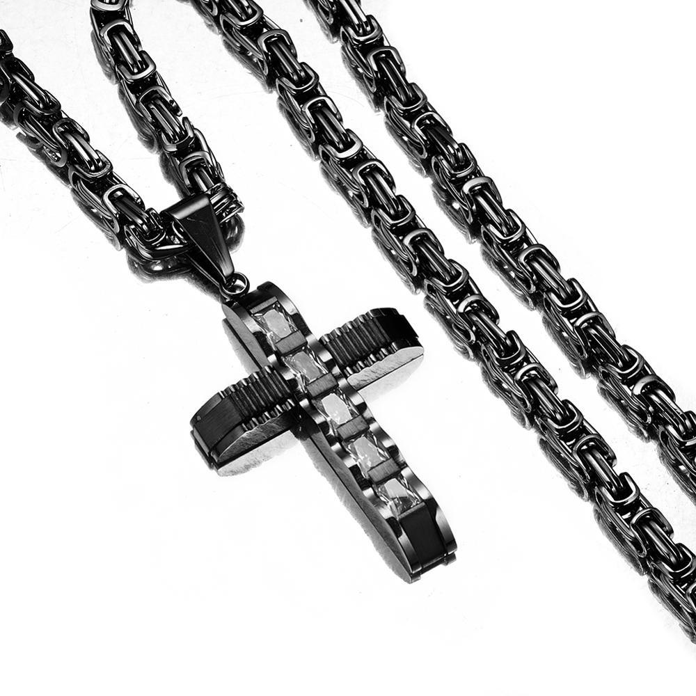 Stainless Steel Black Crucifix Pendant and Byzantine Chain Necklace-Necklaces-Innovato Design-18-Innovato Design