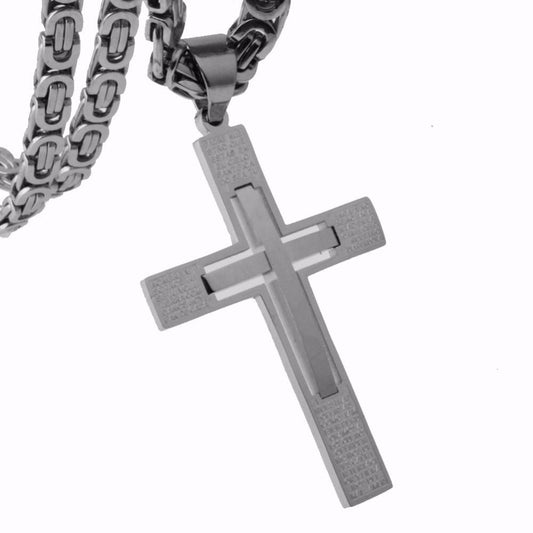 Silver Cross Pendant with Curved Beam Inlay and Lord's Prayer Engraving Necklace-Necklaces-Innovato Design-20-Innovato Design