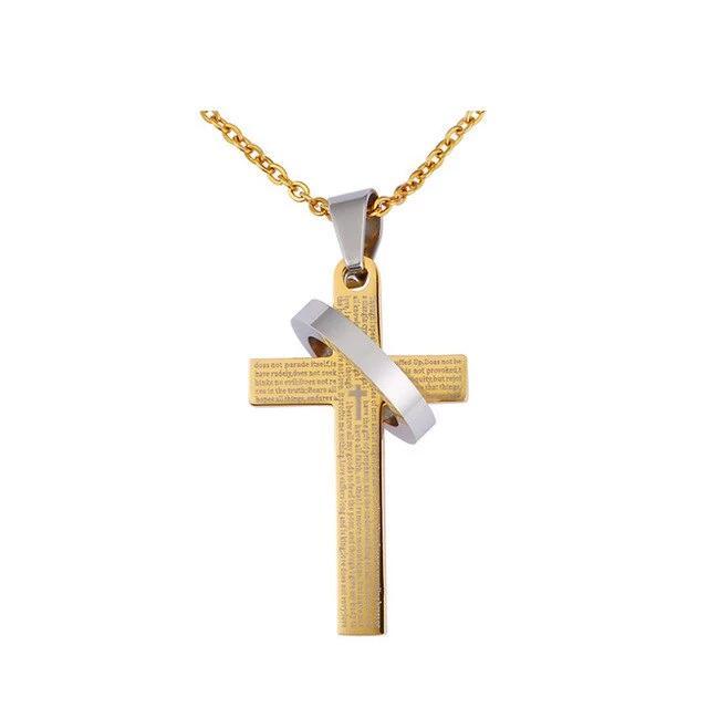 Classic Cross Pendant with Silver Ring and Prayer Engraving Necklace-Necklaces-Innovato Design-Gold-Innovato Design