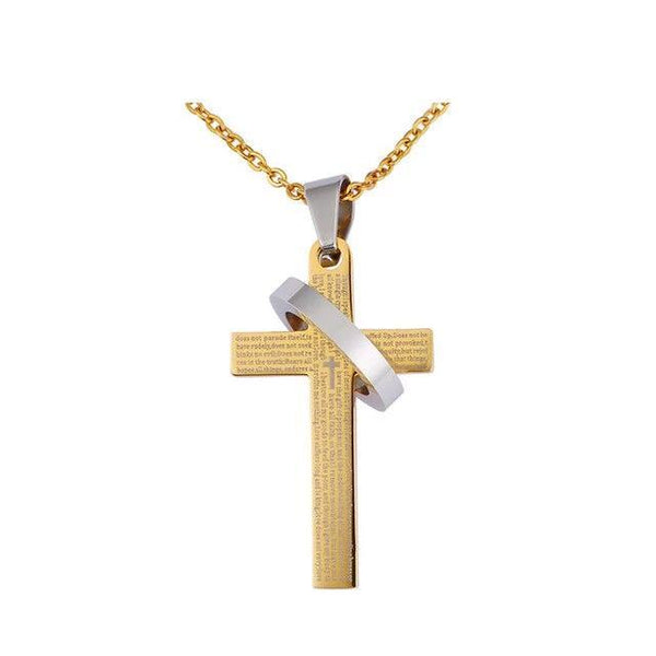 Classic Cross Pendant with Silver Ring and Prayer Engraving Necklace - InnovatoDesign