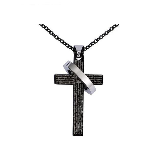 Classic Cross Pendant with Silver Ring and Prayer Engraving Necklace-Necklaces-Innovato Design-Black-Innovato Design
