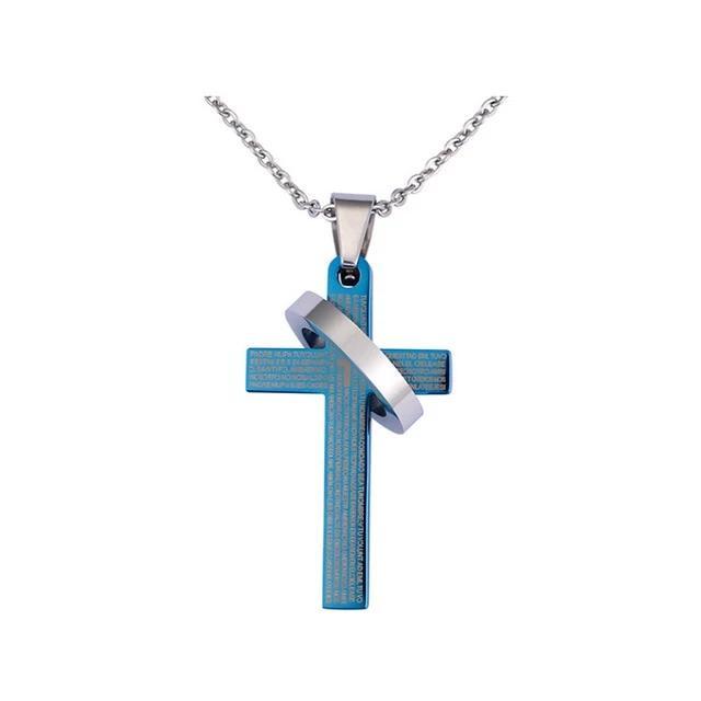 Classic Cross Pendant with Silver Ring and Prayer Engraving Necklace-Necklaces-Innovato Design-Blue-Innovato Design