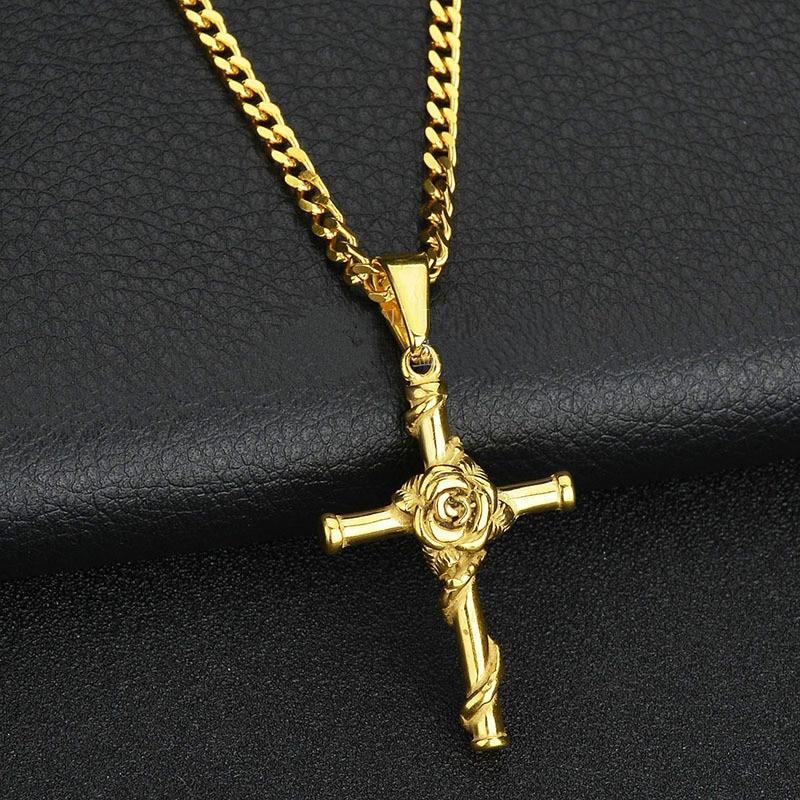 Stainless Steel Rose and Cross Pendant Chain Necklace-Necklaces-Innovato Design-Silver-Innovato Design