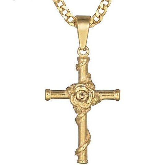 Stainless Steel Rose and Cross Pendant Chain Necklace-Necklaces-Innovato Design-Gold-Innovato Design