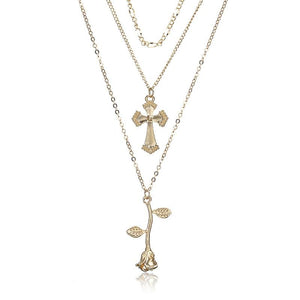 Multi-layer Gold Chain Necklace with Floral Cross and Inverted Rose Pendant Necklace-Necklaces-Innovato Design-Innovato Design