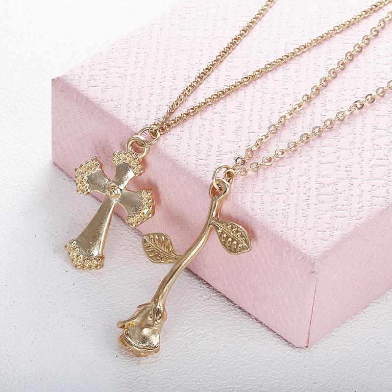 Multi-layer Gold Chain Necklace with Floral Cross and Inverted Rose Pendant Necklace-Necklaces-Innovato Design-Innovato Design