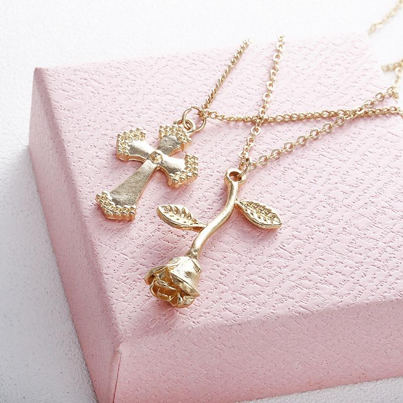 Multi-layer Gold Chain Necklace with Floral Cross and Inverted Rose Pendant Necklace-Necklaces-Innovato Design-Innovato Design