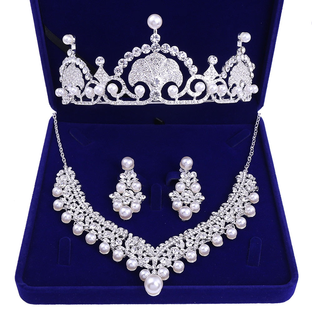 Baroque Crystal, Pearl and Rhinestone Tiara, Necklace & Earrings Jewelry Set-Jewelry Sets-Innovato Design-Innovato Design